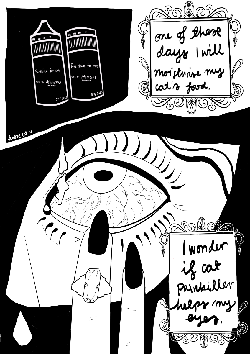 three panel comic about how the cat med and human eye drops look alike and i have adhd