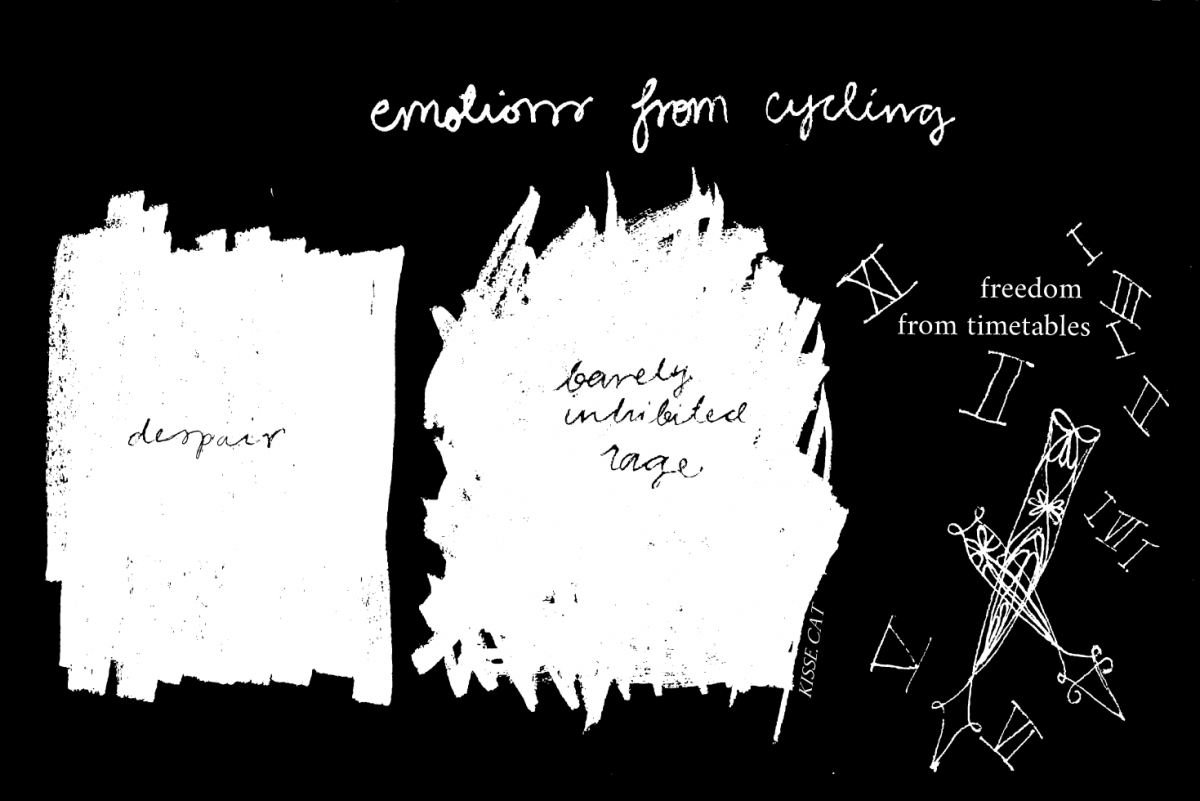 emotions from cycling: despair. barely inhibited rage. freedom from timetables. three panel comic, simplistic, black and white.